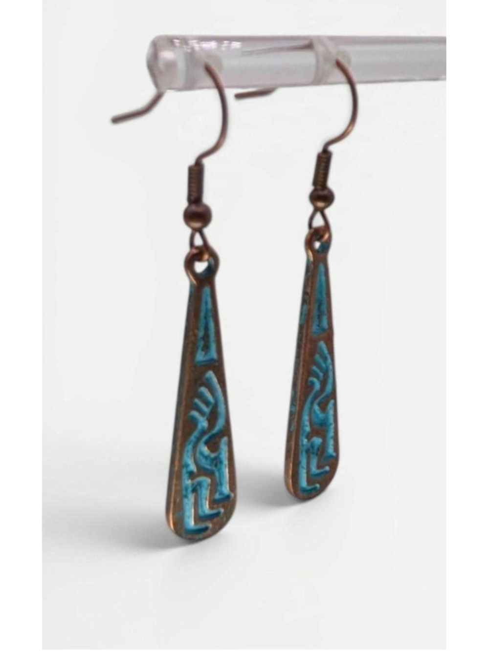 Kokopelli Dangle Earrings, Antique Style Copper Patina Tone Southwestern - Picture 6 of 10